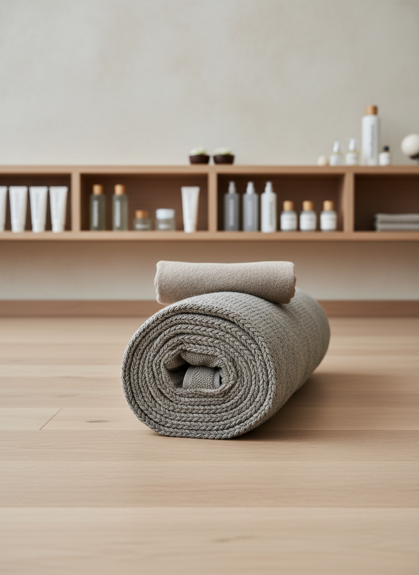 A premium, carefully rolled natural-fiber Thai massage mat in stone gray rests on a sleek, uncluttered hardwood floor, with a neatly folded, light taupe towel atop it. In the background, clean-lined built-in shelving displays a curated selection of high-quality oils and lotions in frosted glass bottles, set against a subtly textured, neutral wall. The lighting is gentle overhead daylight, creating soft, even illumination without harsh shadows. The shot is composed from a low angle, emphasizing the mat’s plush texture and clean environment, with a slight focus drop-off in the background for a touch of depth. The mood is one of refined simplicity and clinical professionalism, ideal for communicating ZenMotion45’s range of specialized therapeutic services.