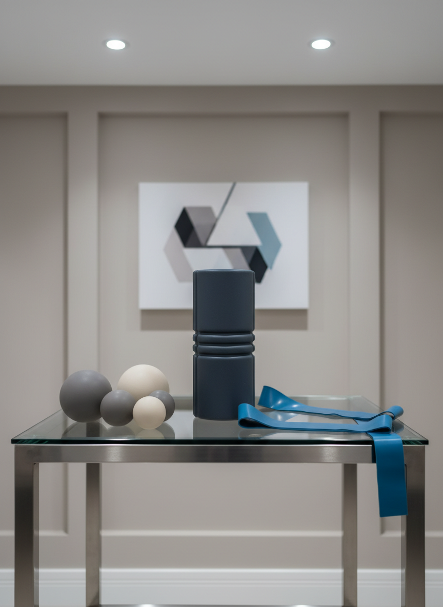 An elegantly arranged display of sports massage tools—foam roller with a matte slate finish, smooth resin massage balls, and a flexible resistance band in a subdued blue. These tools are set neatly atop a low glass-topped table with brushed steel legs, against a backdrop of a structured, neutrally painted studio wall and subtle geometric wall art. Cool white LED ceiling lights gently illuminate the setup, creating crisp highlights and clean, directional shadows that emphasize the tools’ textures and purposeful arrangement. The camera captures the scene from an eye-level, straight-on perspective, ensuring balanced composition and sharp focus. The image’s photographic realism and refined corporate aesthetic reinforce the massage therapist’s expertise in sports-oriented modalities, fitting perfectly with the business site’s mission.