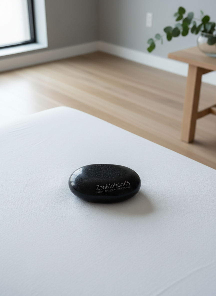 A polished, high-contrast black basalt massage stone set atop a smooth, unblemished white linen massage table. The table is placed next to a minimalist accent table holding a glass bowl with arranged eucalyptus sprigs, all situated within a tastefully appointed studio featuring light oak floors and soft gray walls. The lighting is cool, soft natural daylight, casting delicate highlights on the stone’s surface and gentle shadows across the linen. Captured at a slight angle from table level, the composition uses rule of thirds to balance the stone and background accents. The overall visual is clean, structured, and professional, embodying a corporate spa atmosphere that clearly communicates ZenMotion45’s upscale, focused approach to massage therapy.